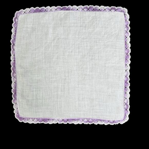 Vintage White Handkerchief Scalloped Edge Purple Crochet Trim Hankie 12x12 - Picture 4 of 9